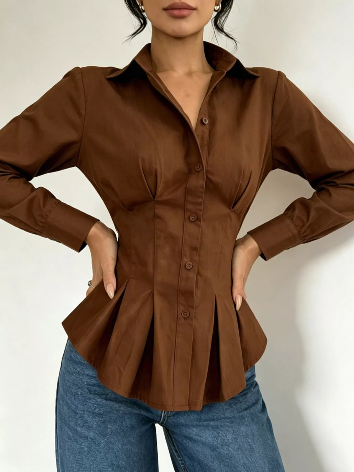 Button-Down Peplum Blouse with Fitted Waist, front view