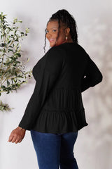 Trendsi Double Take Half Button Long Sleeve Ruffle Hem Blouse - Pants