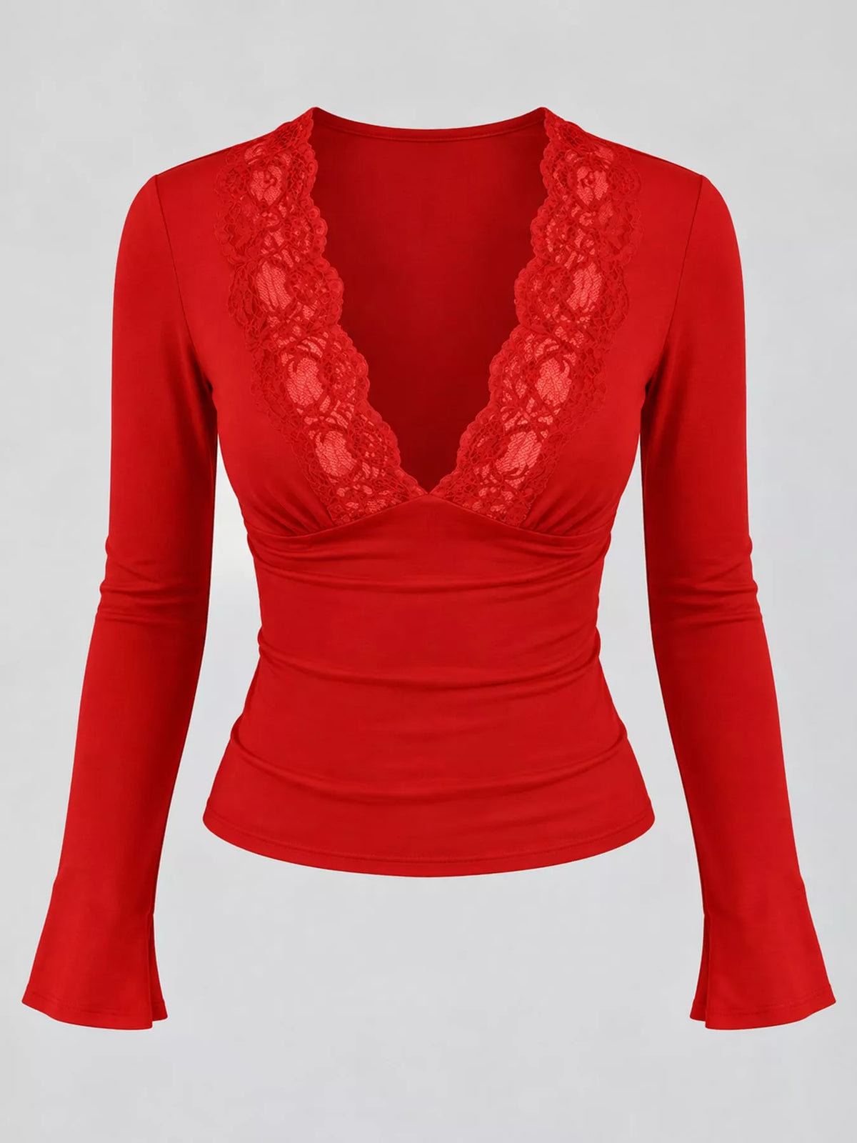 Red lace trim v-neck long sleeve slim fit t-shirt