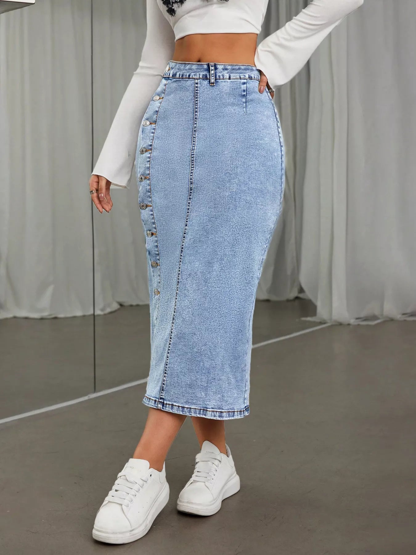 Trendsi Side Button Slit Denim Midi Skirt -