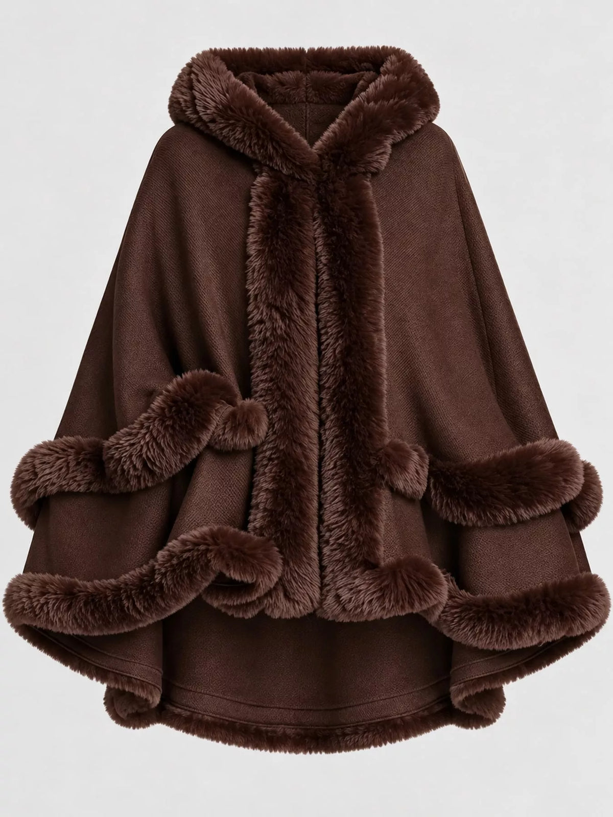 Faux-fur-trim cape, dark brown flat lay