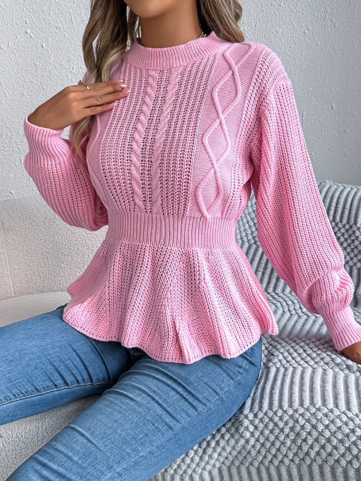 Cable Knit Peplum Sweater in pink, front view