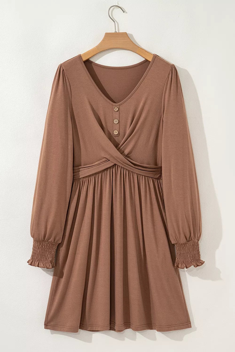 Trendsi Shirred Cuff Long Sleeve Button Round Neck Mini Dress -