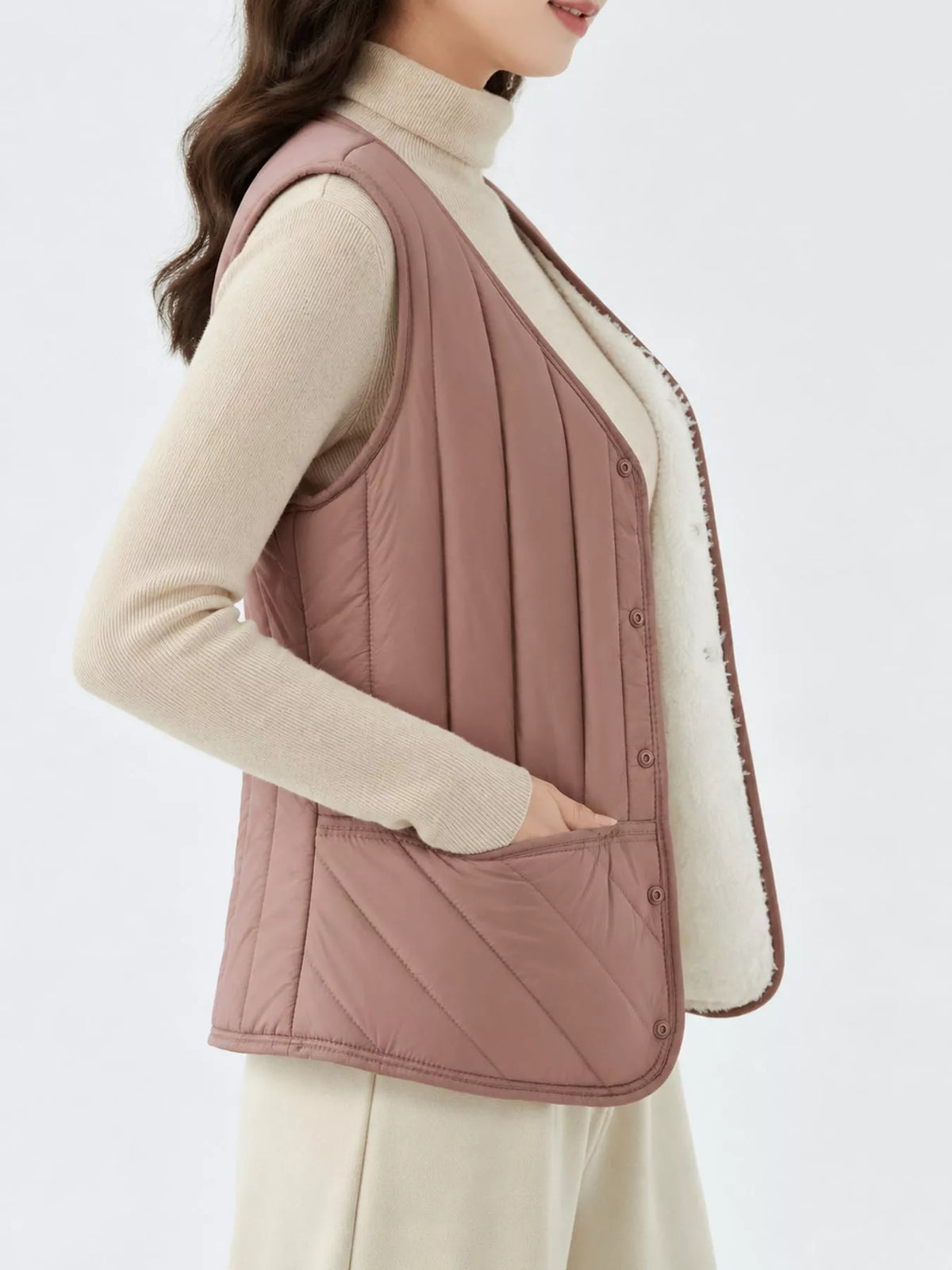 Quilted Button Up Vest in dusty pink, side view