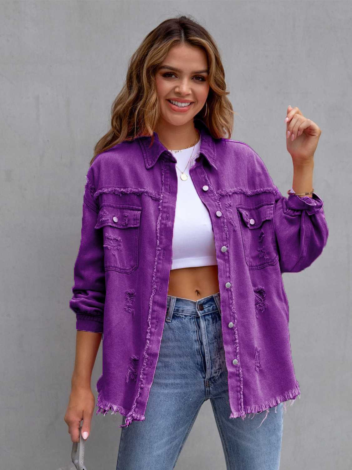 Trendsi Distressed Drop Shoulder Denim Jacket -