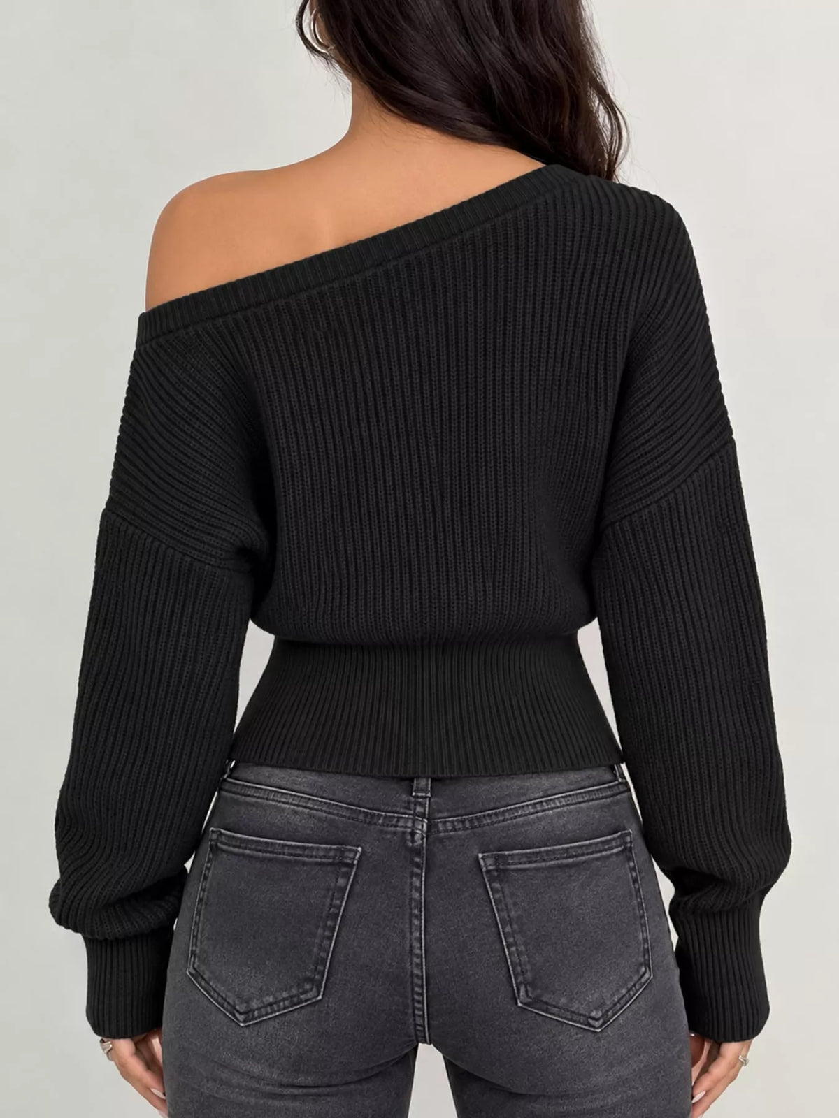 Black one shoulder ribbed knit sweater