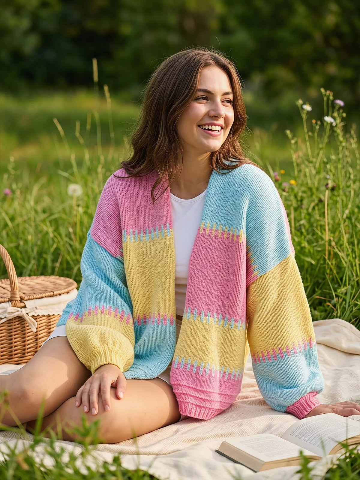 Pastel multicolor color-block v-neck cardigan, seated outdoors.