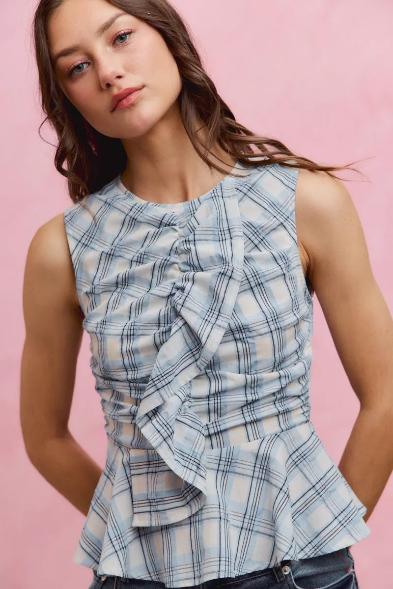 Women's Plaid Sleeveless Ruffle Peplum Top Blue And White Cotton — product view 8