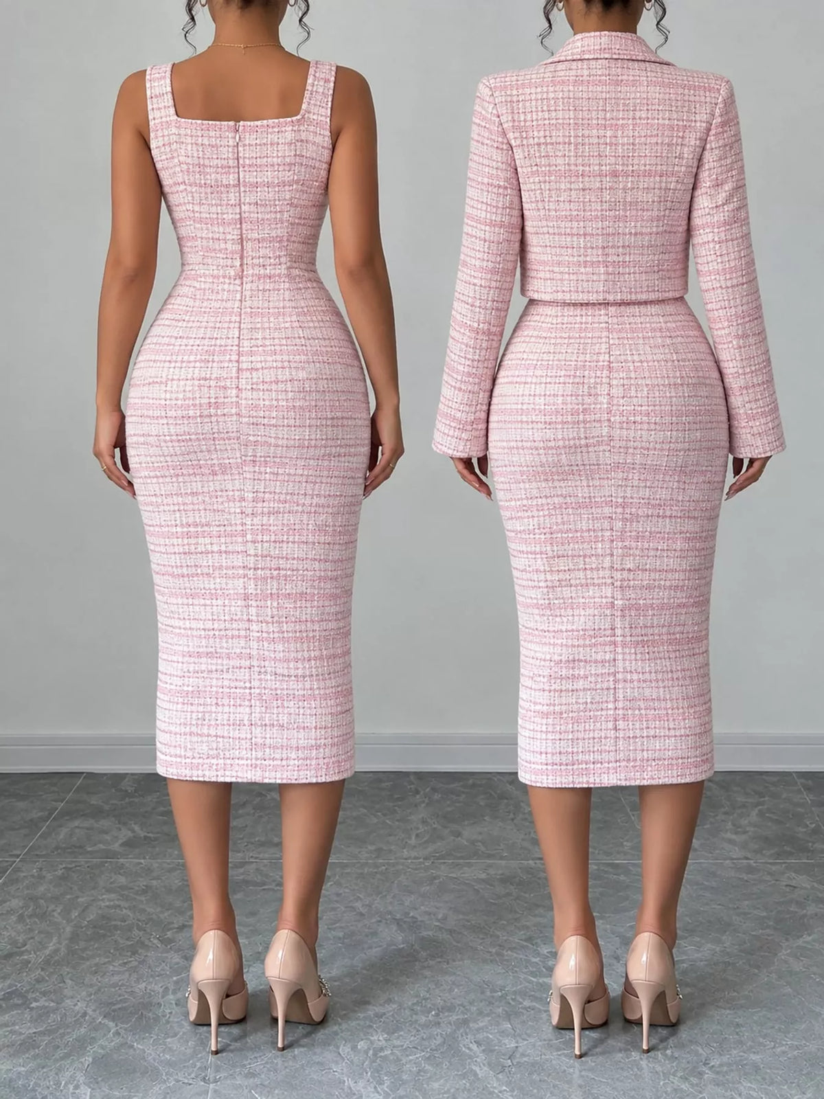 Tweed dress and cardigan set, pink dress and cardigan back