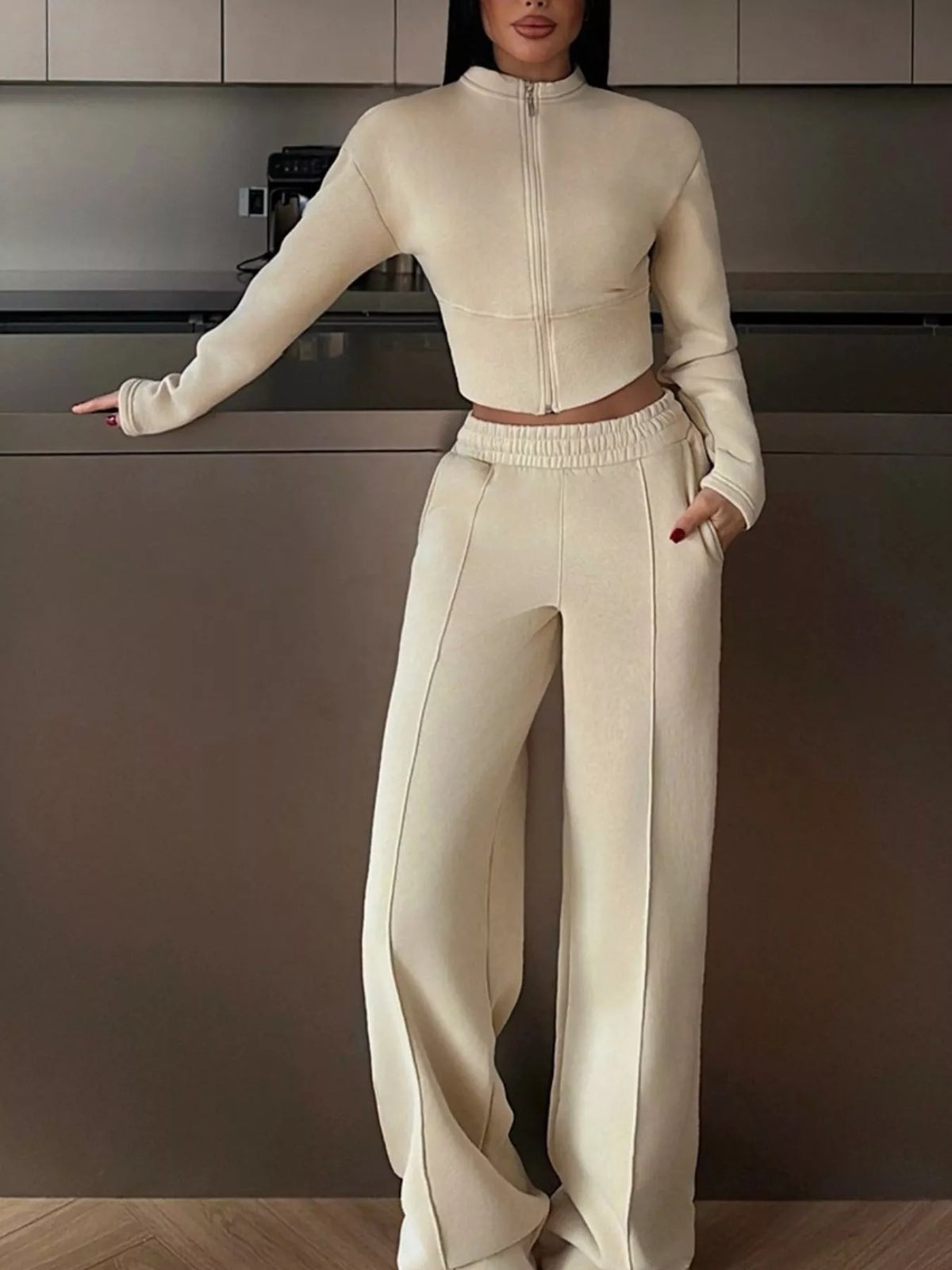 Trendsi Zip-Up Crop Jacket and Wide-Leg Pants Set -