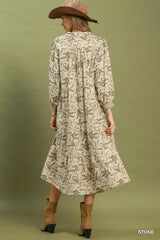 Trendsi Umgee Linen Botanical Print Tiered Midi Dress -