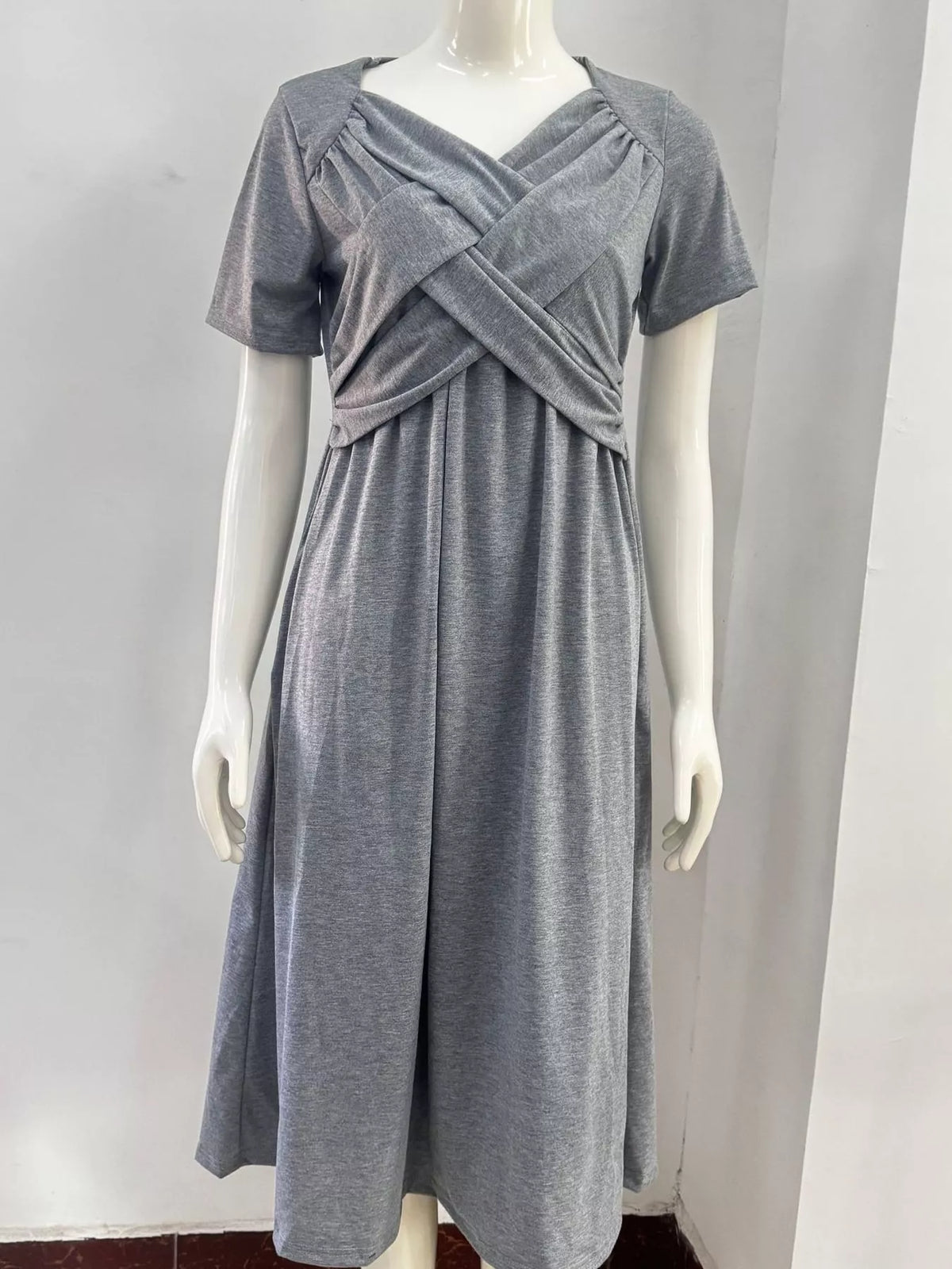 Gray crisscross short sleeve midi dress, front view