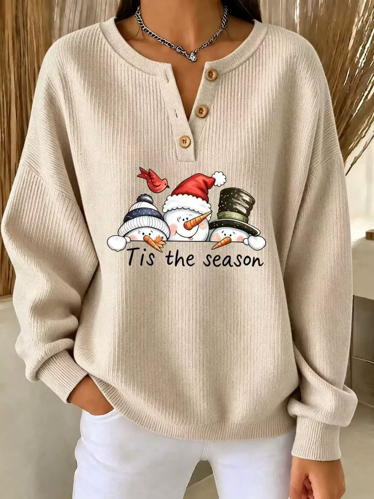 Snowman graphic ribbed Henley sweatshirt in tan, front view