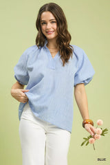 Trendsi Umgee Textured Puff Sleeve Split Neck Top -