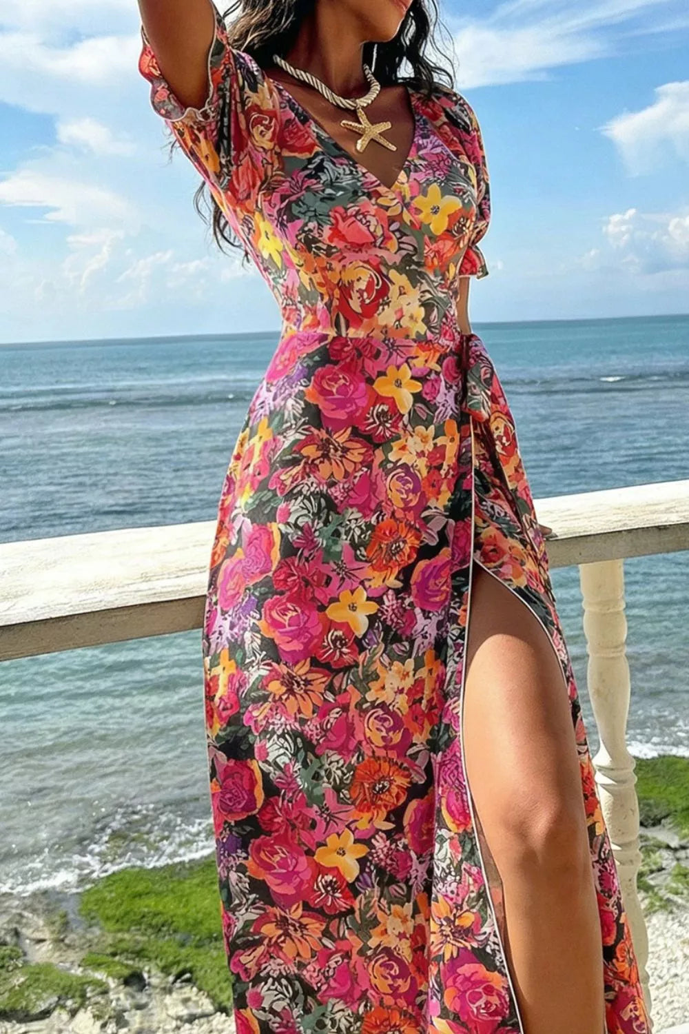 Trendsi Slit Floral Short Sleeve Maxi Dress -