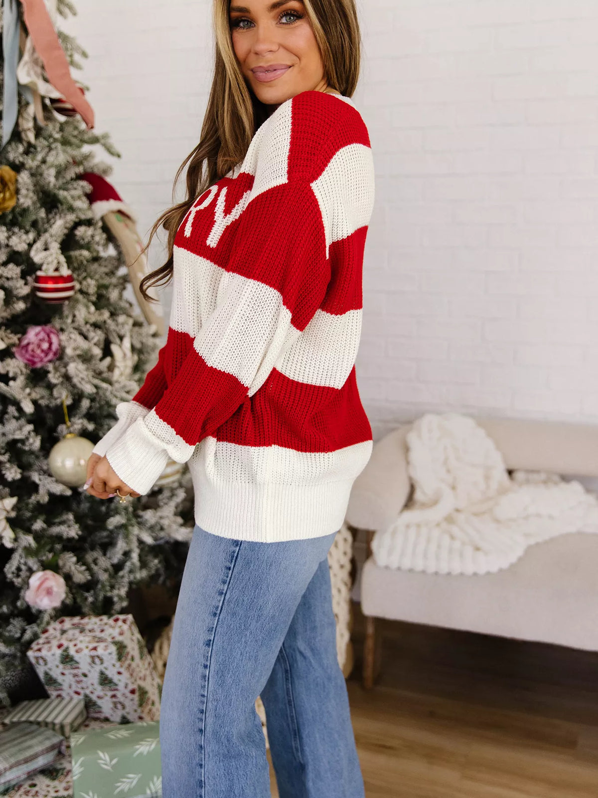MERRY Striped Christmas Sweater in scarlet, back view