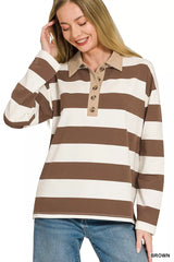 Trendsi Zenana Striped Contrast Collar Polo Tee -