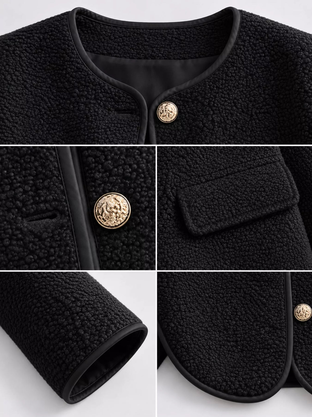 Black textured button-front jacket — design and construction details
