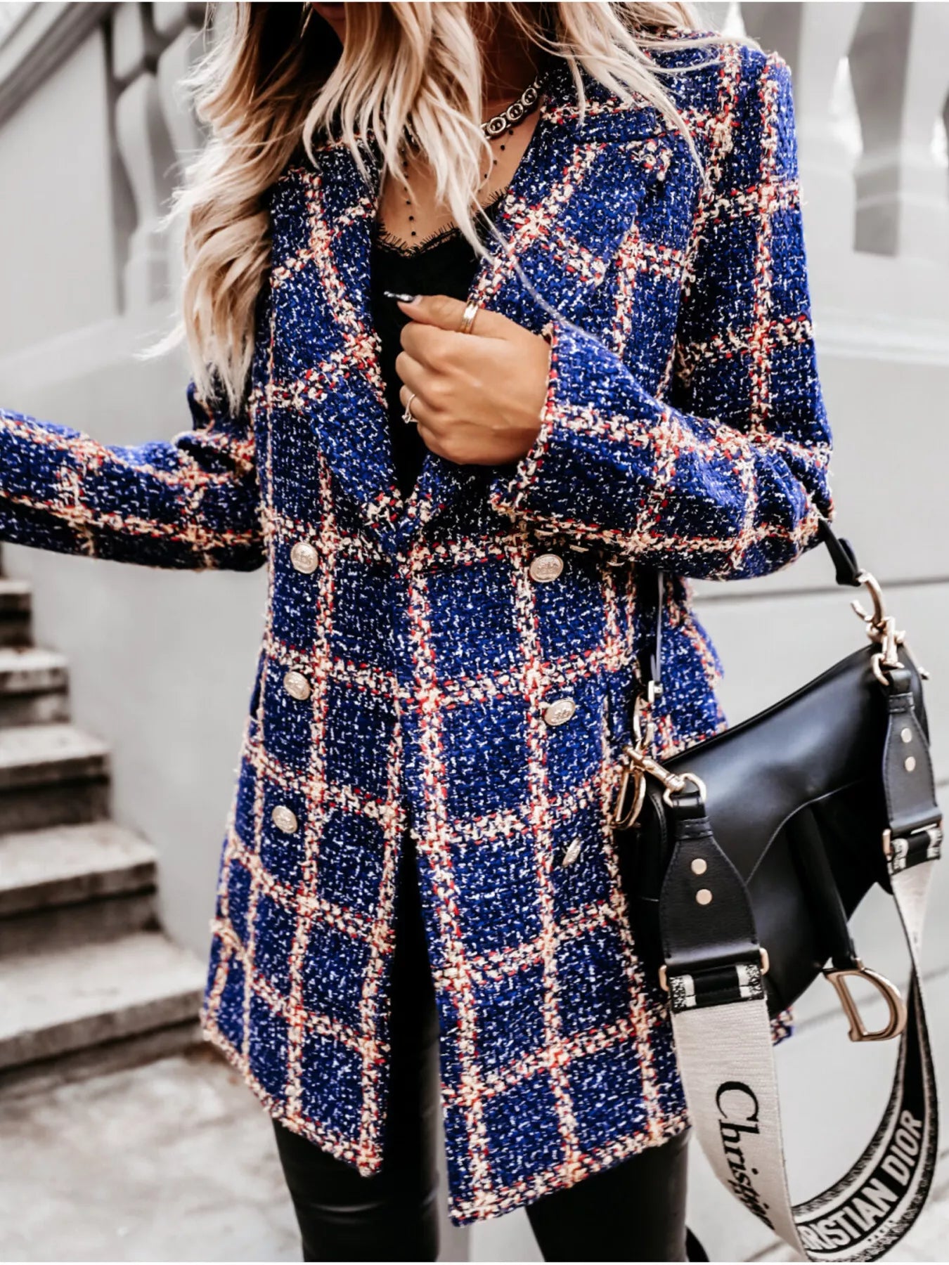 Trendsi Plaid Tweed Double-Breasted Coat -