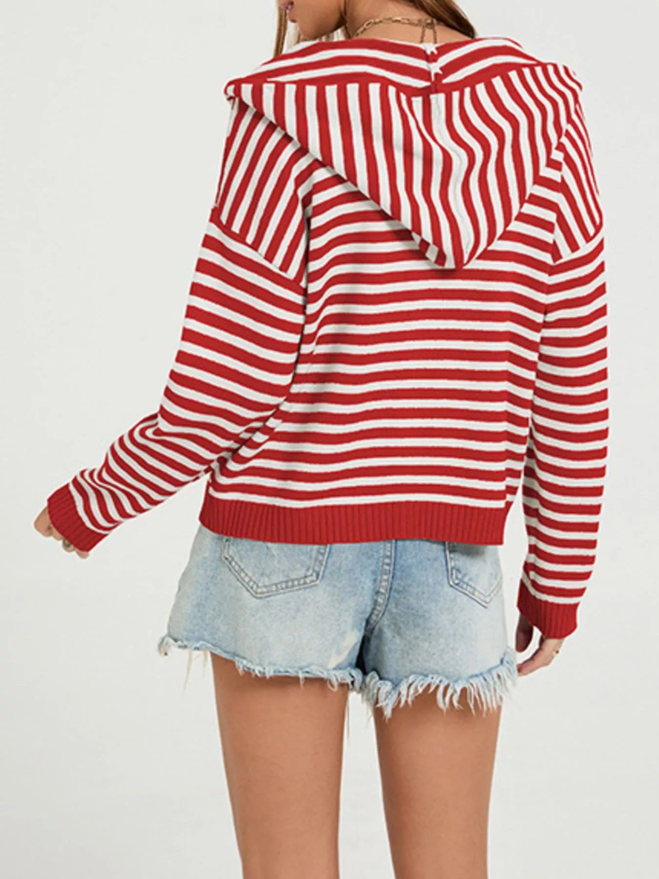 Trendsi Striped Hooded Zip-Up Knit Cardigan -