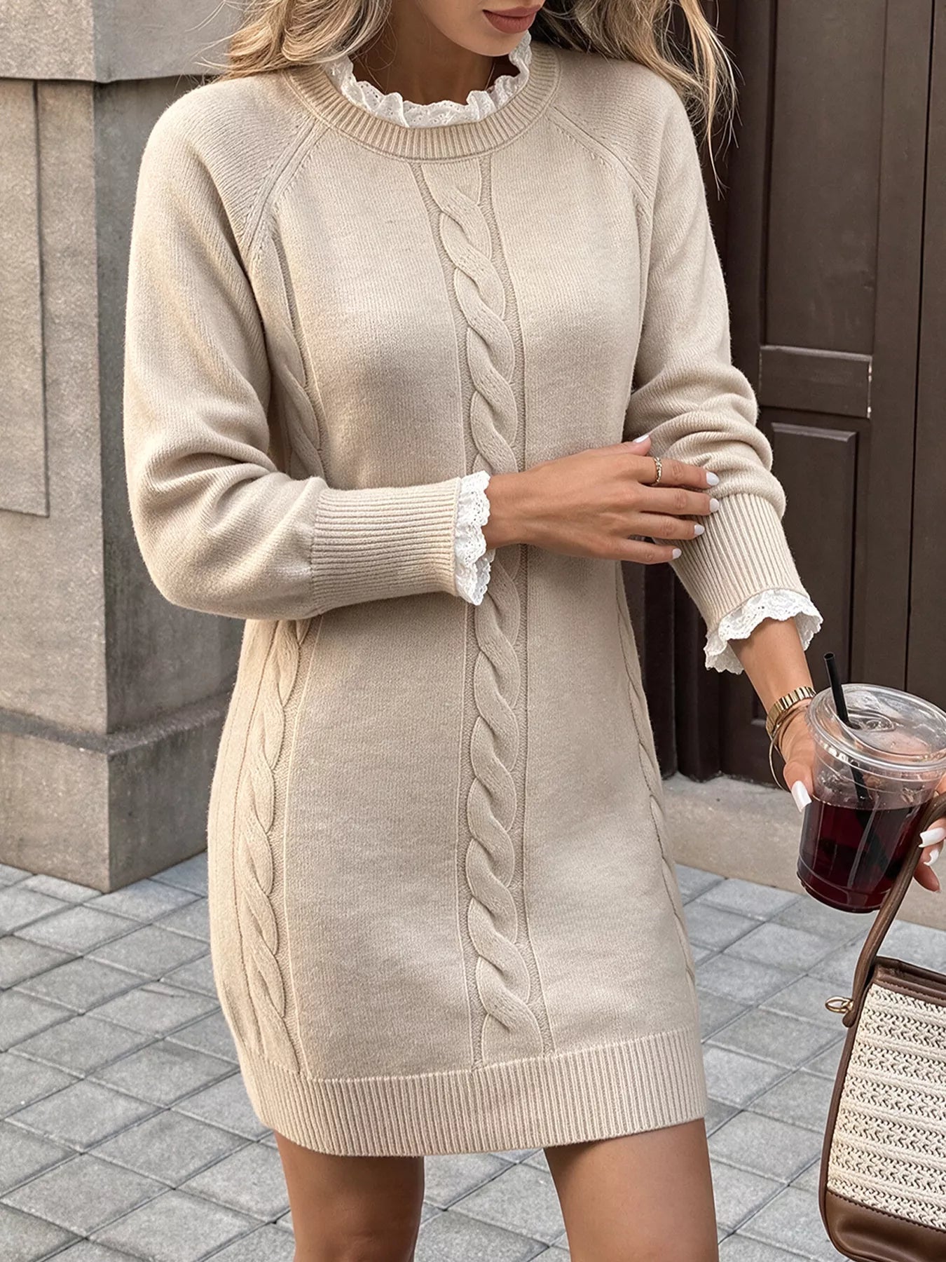 Trendsi Cable Knit Raglan Sleeve Sweater Dress -