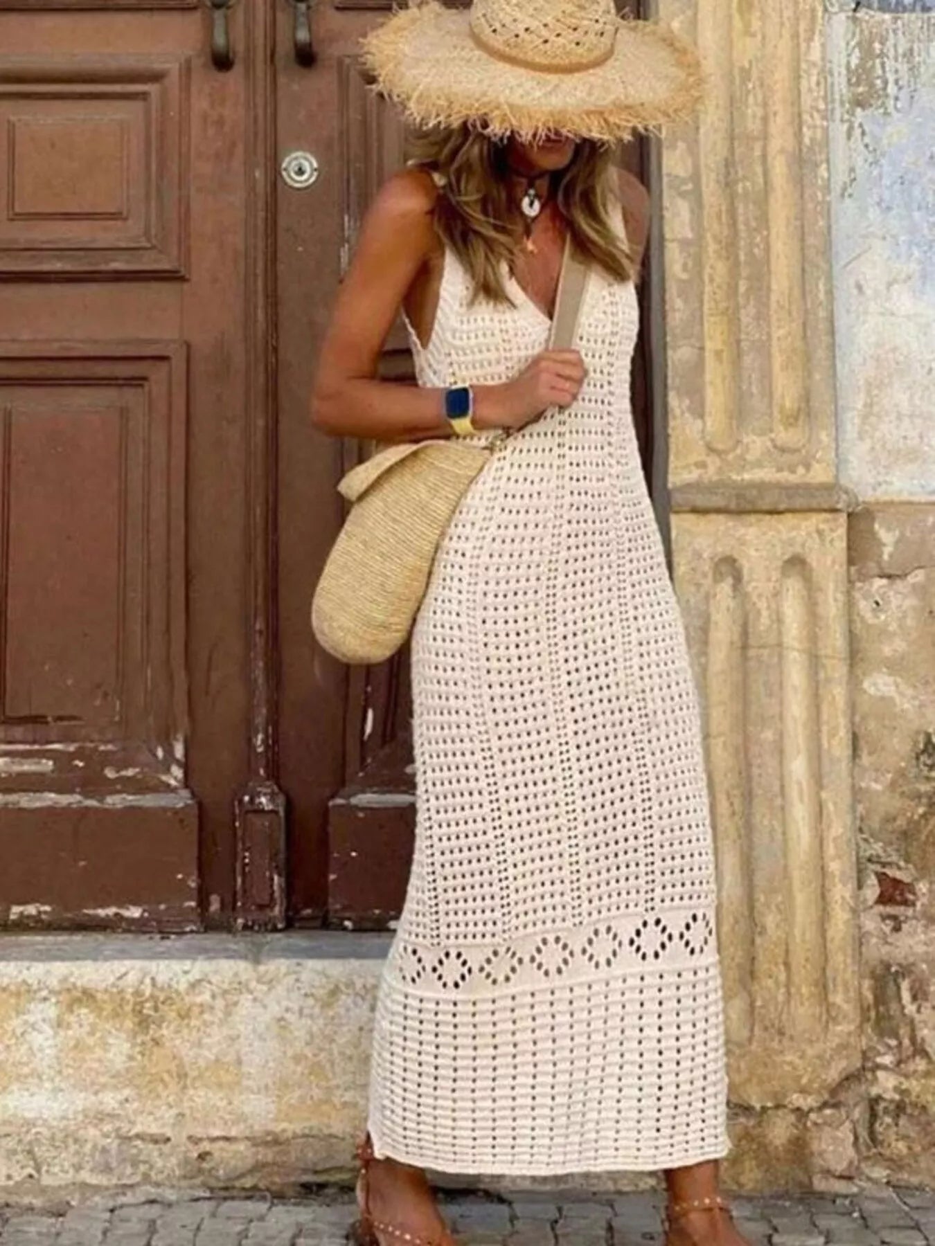 Trendsi Sleeveless Crochet Knit Cover Up Maxi Dress -