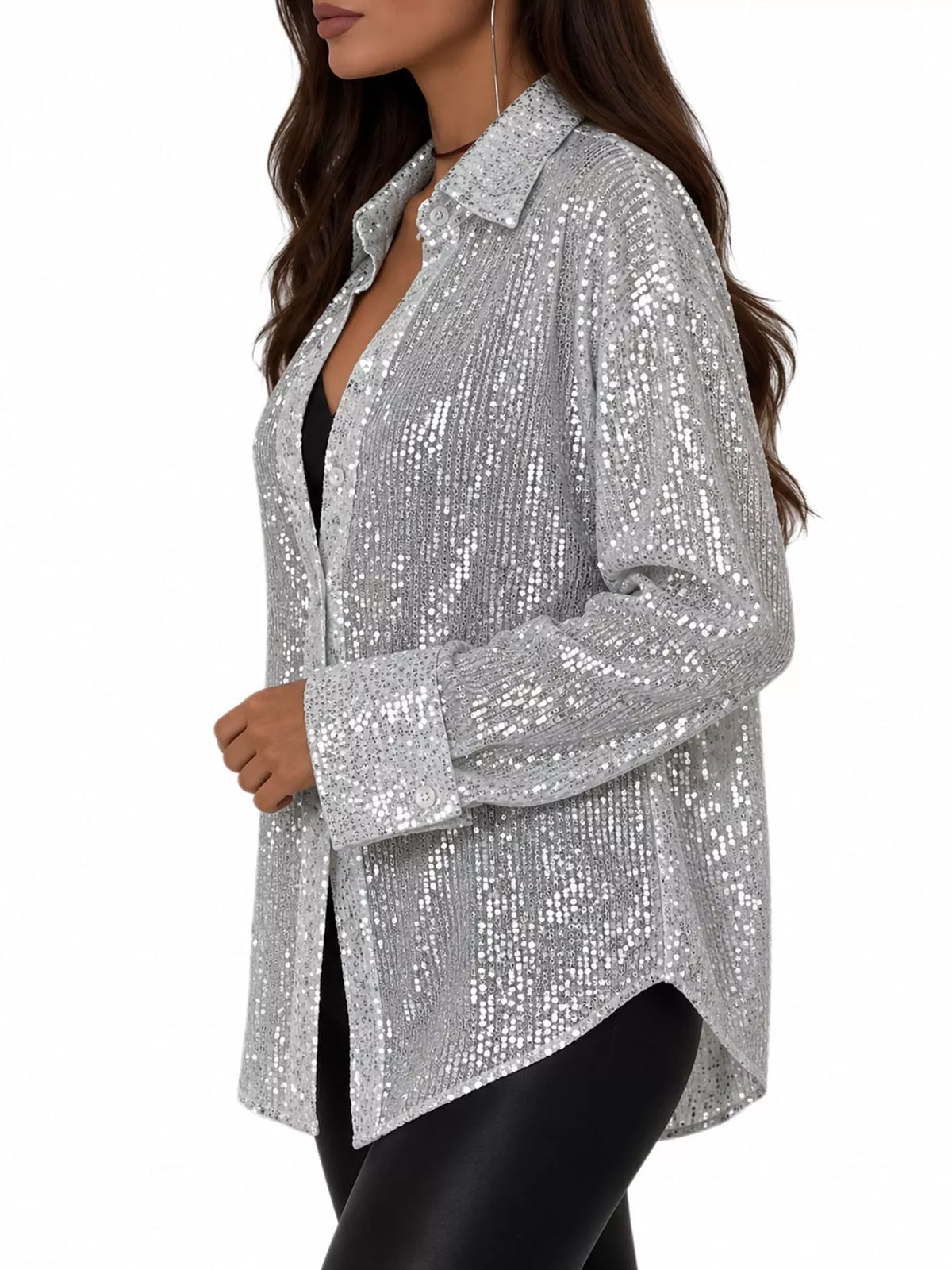White sequin button up long sleeve shirt