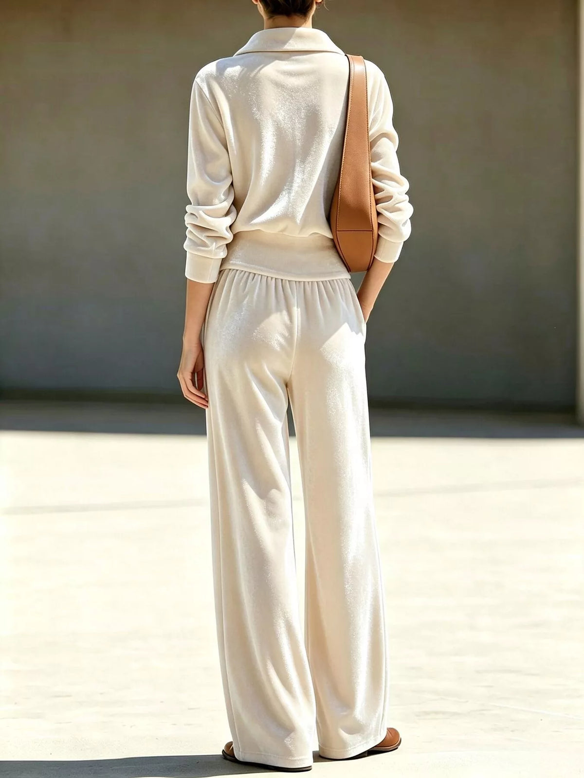 Women's Half Zip Sweatshirt and Wide-Leg Pants Set in cream — back view