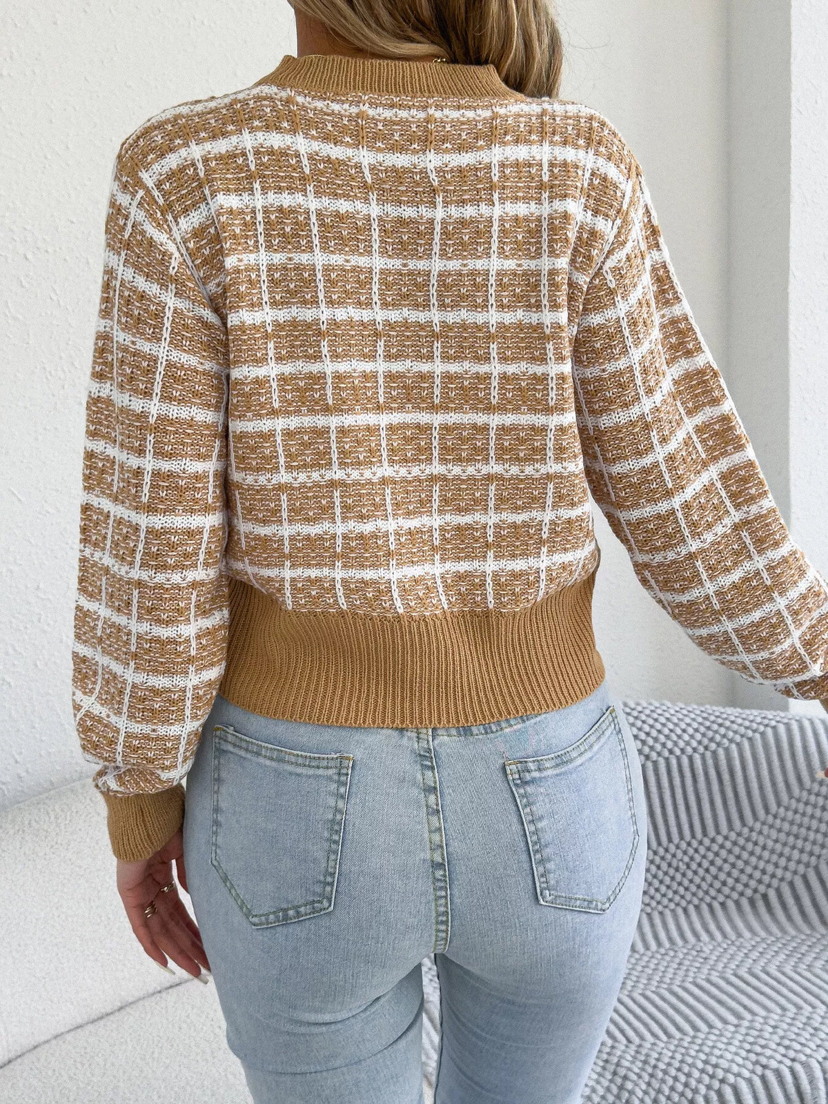 Khaki Color plaid tweed-style knit cardigan, back view