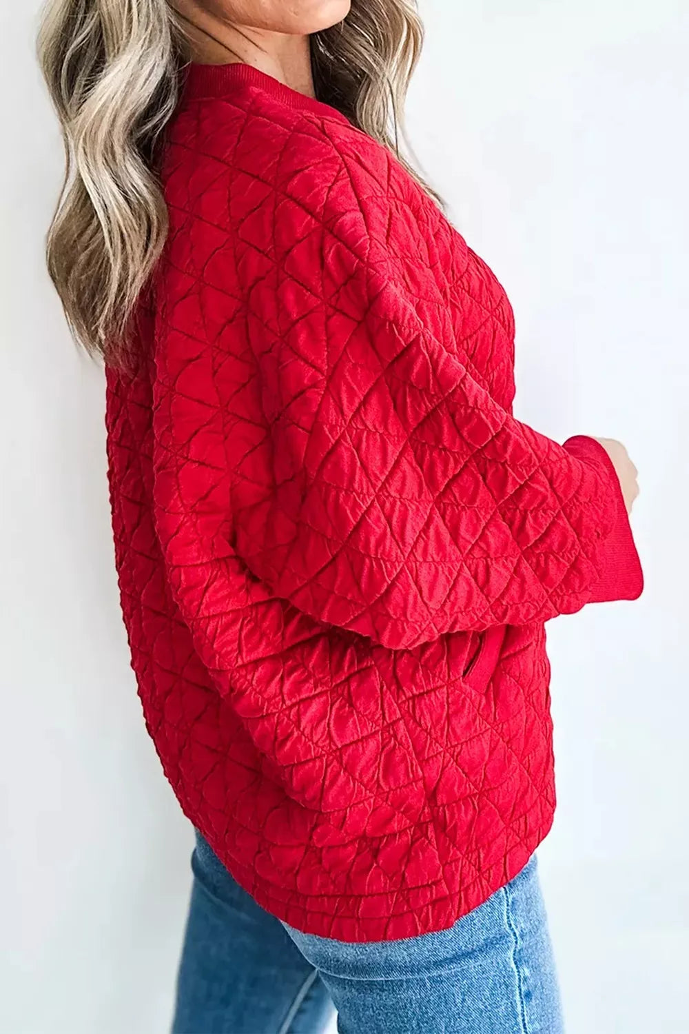 Quilted Pocket Sweatshirt in deep red, side view