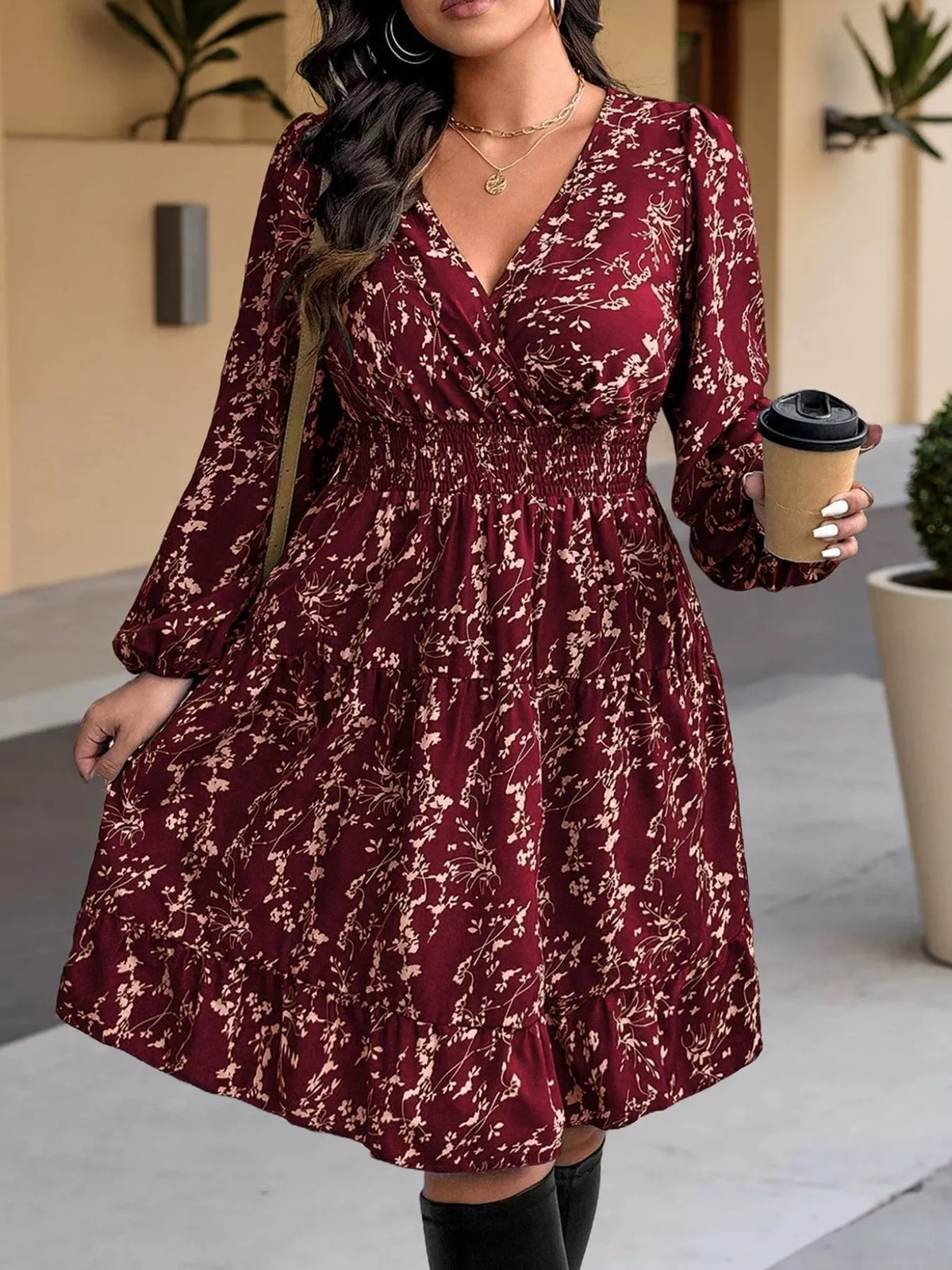 Floral Print Smocked Waist Mini Dress in burgundy, front view