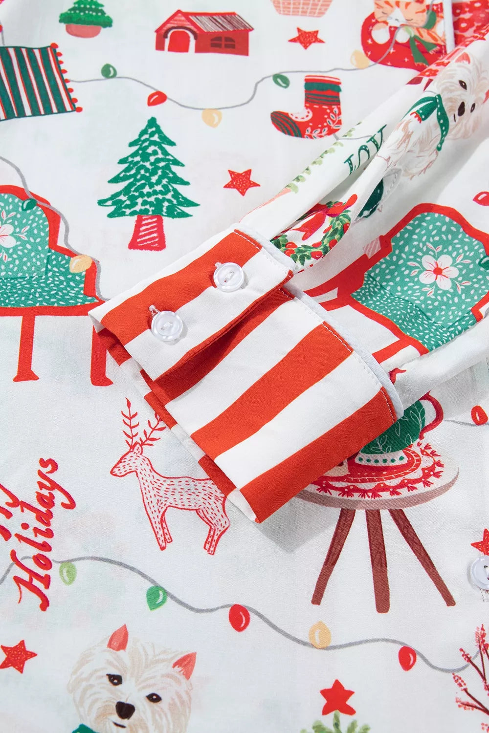 Christmas Print Button-Front Lounge Set, cuff detail
