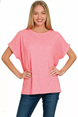 Trendsi Zenana Soft Melange Hacci Short Sleeve Round Neck Top -