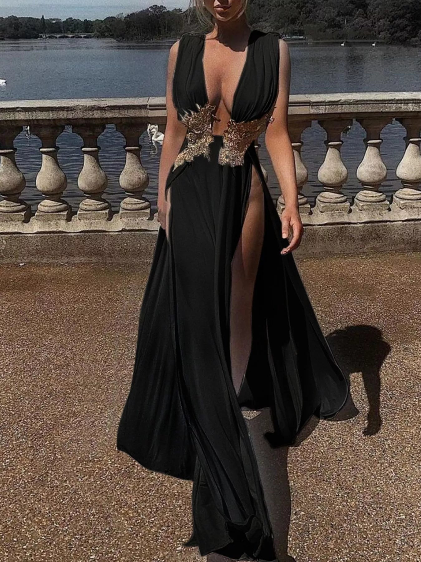 Trendsi Deep V-Neck High Slit Maxi Dress -