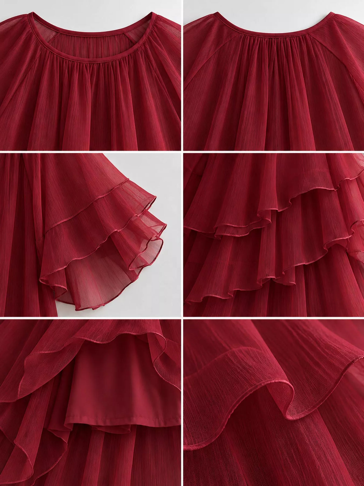 Burgundy ruffled layered bohemian maxi dress, detail view