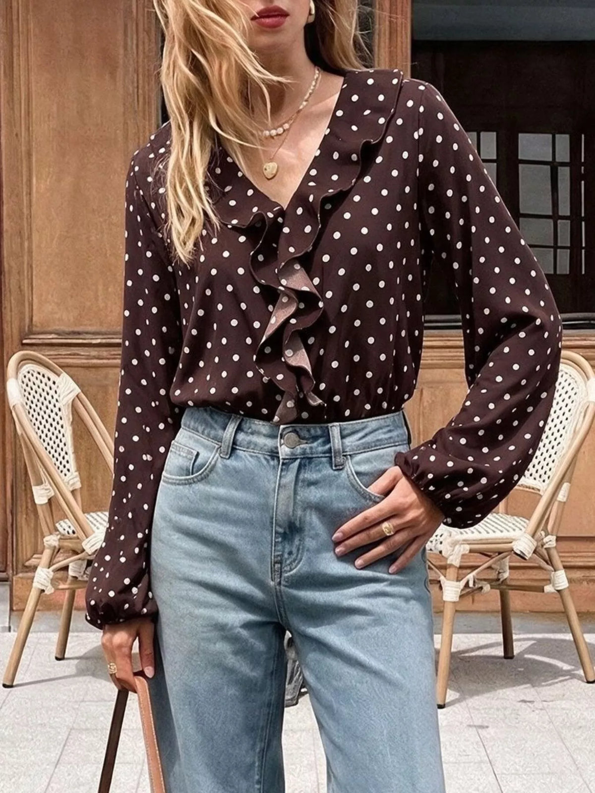 Trendsi Polka Dot Ruffled V-Neck Bodysuit -