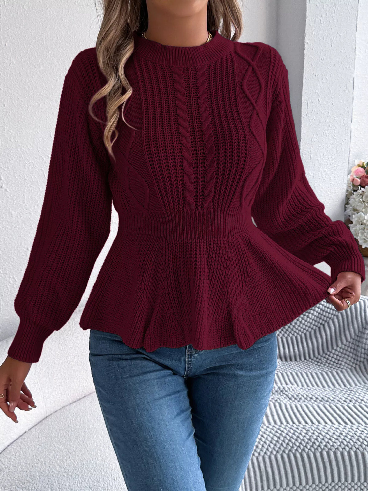 Cable Knit Peplum Sweater in burgundy, front view