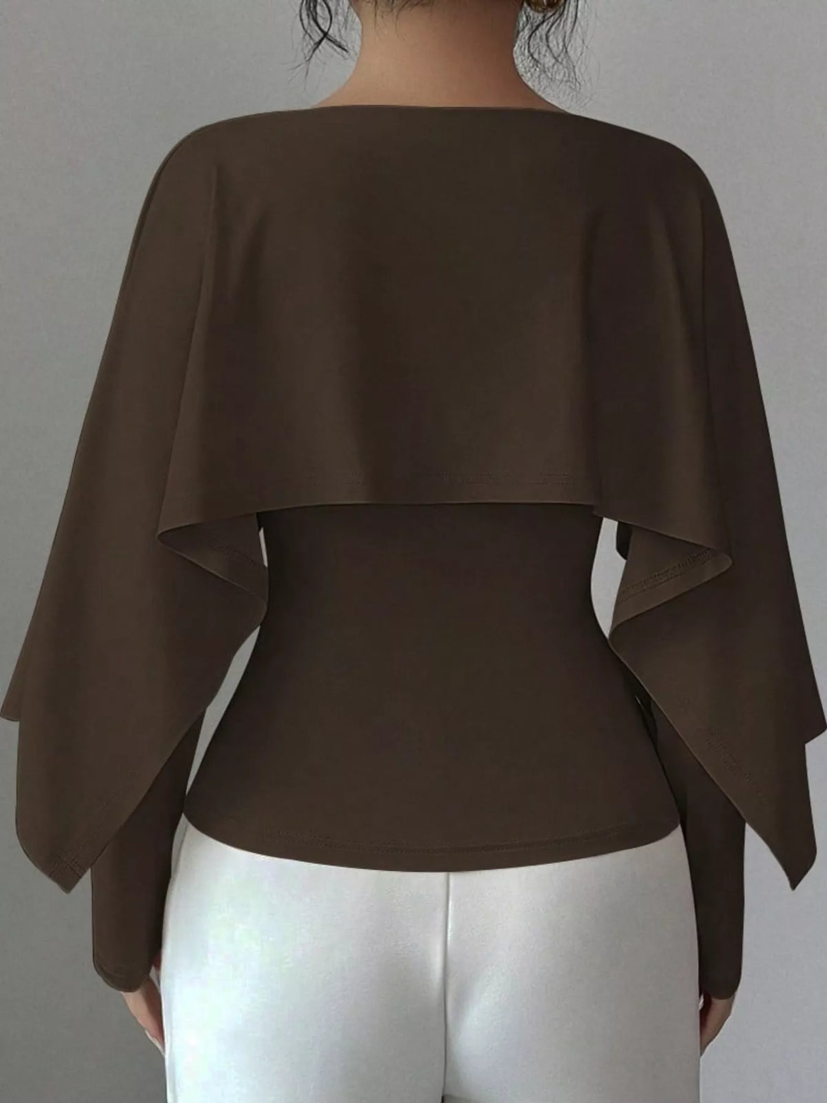 Layered Cape-Style Blouse with Slim-Fit Bodice — back view