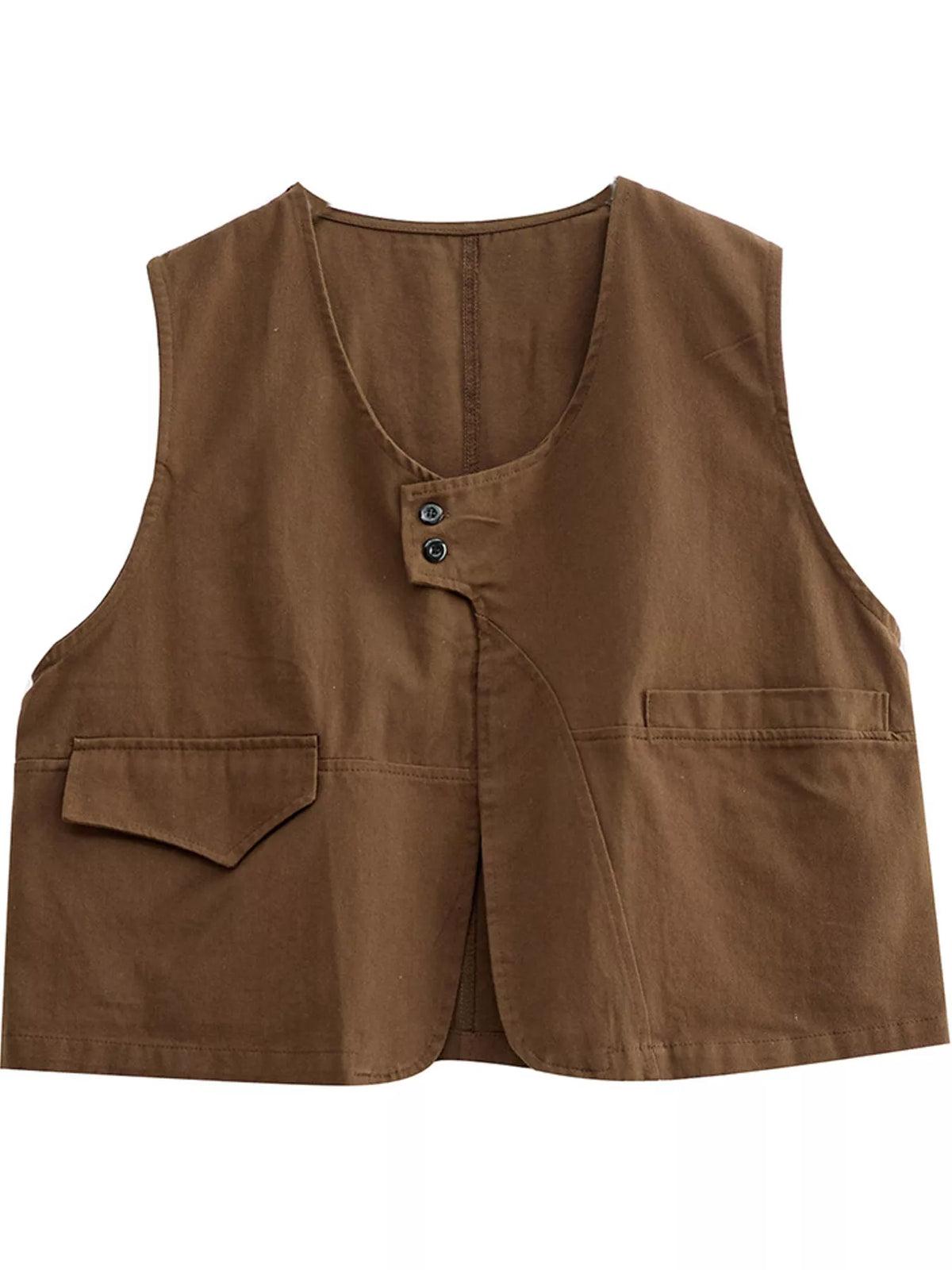 Asymmetric Button Closure Utility Vest Coat in brown