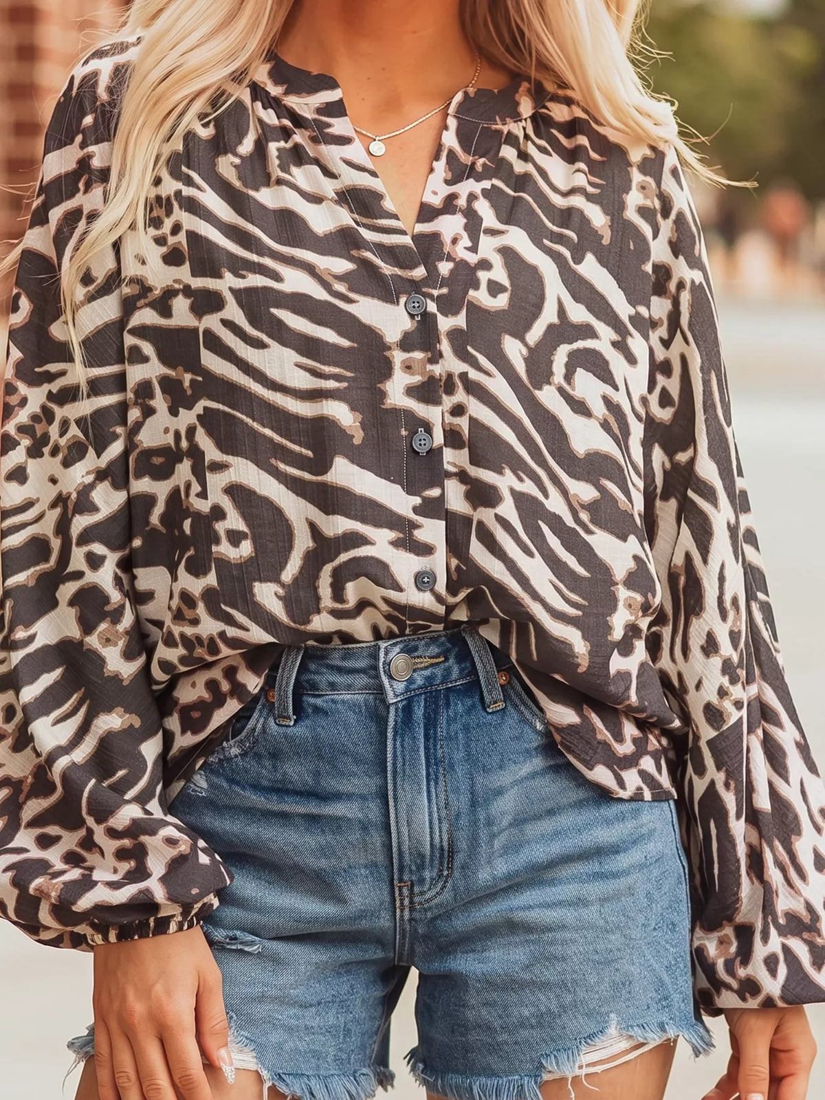 Leopard Print V Neck Button Down Balloon Sleeve Shirt in dark brown, front view
