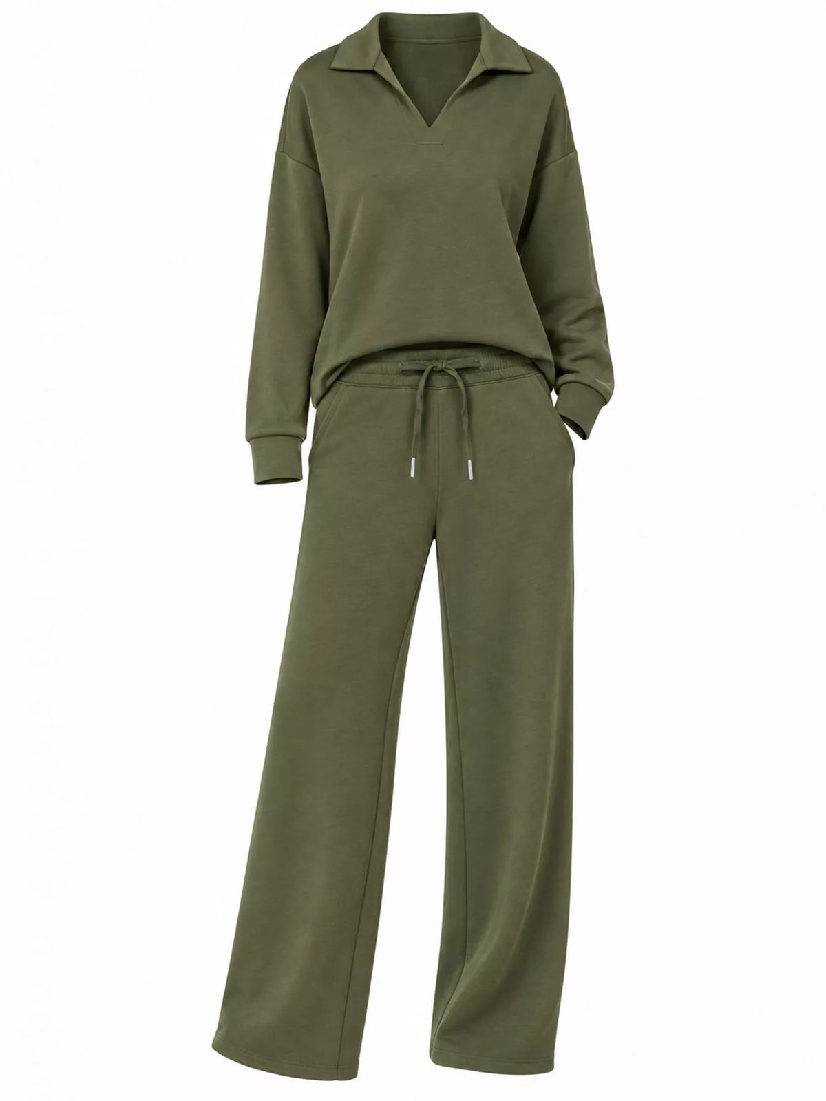 Top and drawstring pants set, olive flat set