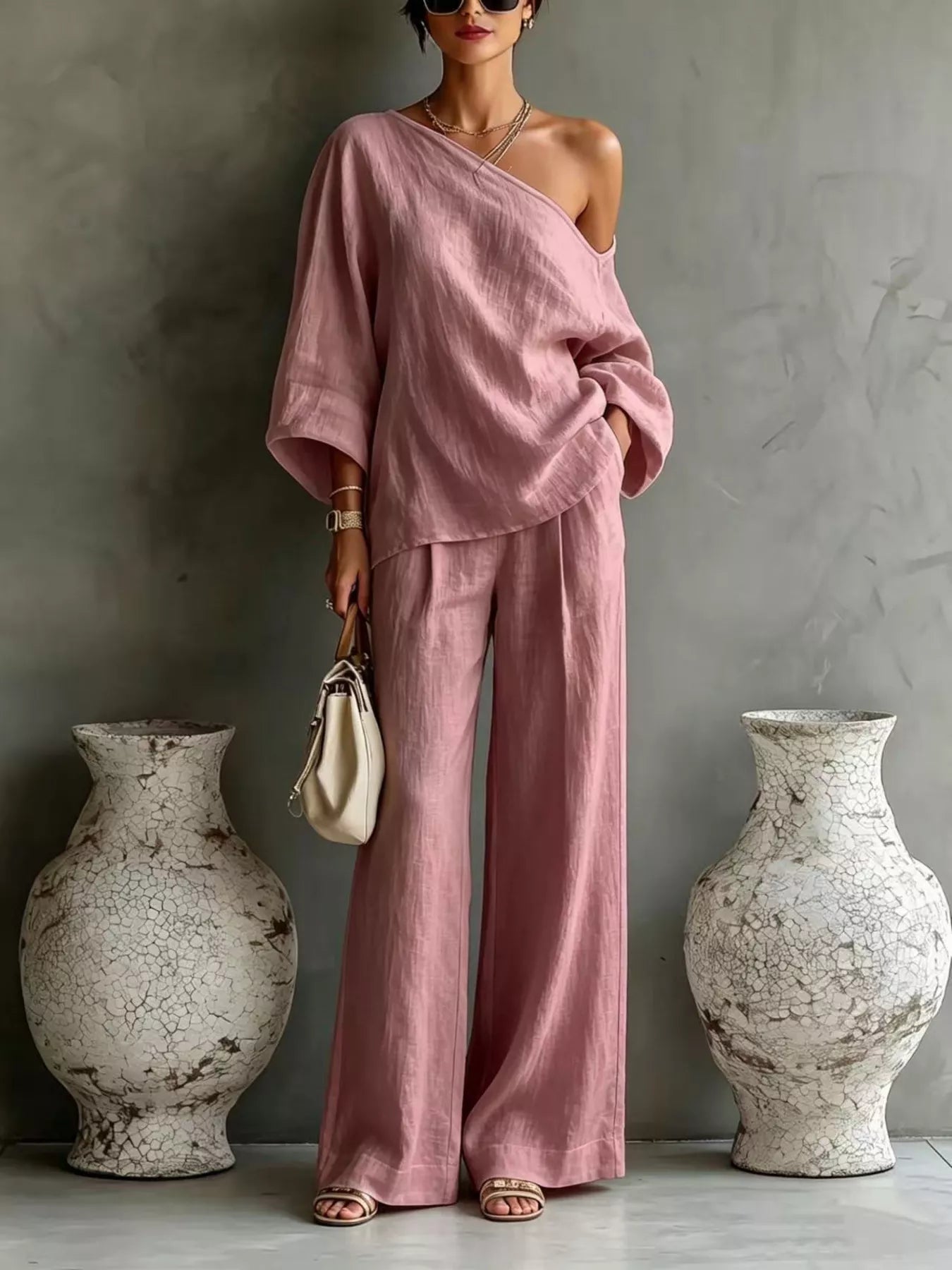 Trendsi One Shoulder Top and Wide Leg Pants Set -