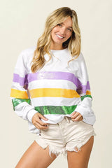 Trendsi BiBi Sequin Mardi Gras Striped Round Neck Sweatshirt -