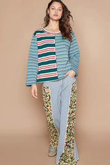 Trendsi POL Color Block Striped Round Neck Long Sleeve T-Shirt -