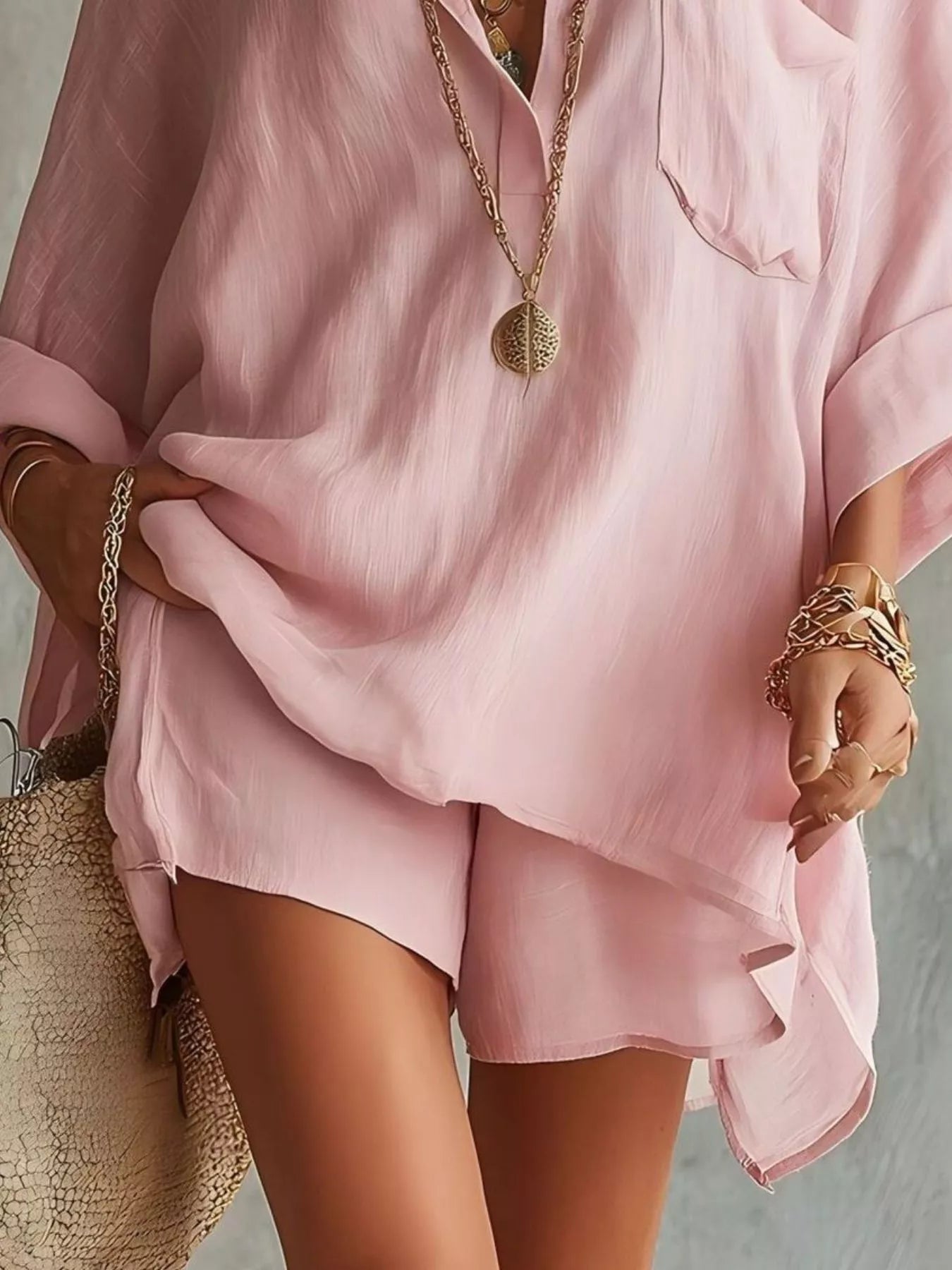 Trendsi Full Size Oversized Long Sleeve Shirt and Shorts Two-Piece Set Plus Size -