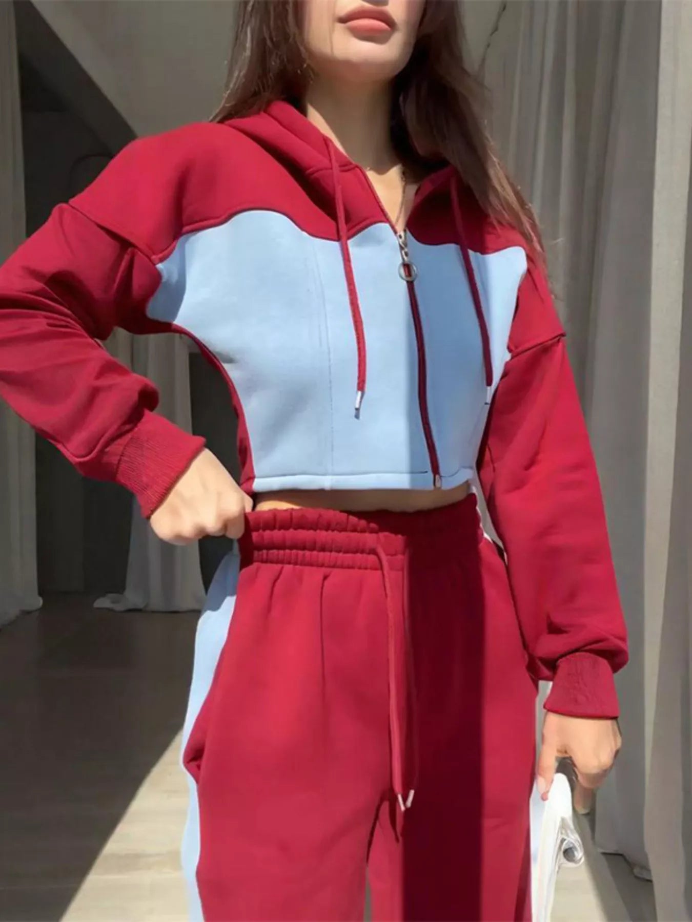 Trendsi Color-Block Zip-Up Crop Hoodie and Joggers Set -