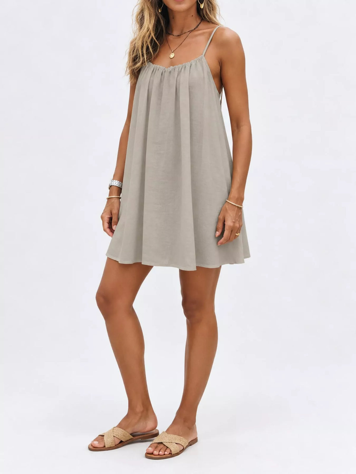 Gray beige spaghetti strap A-line mini dress with open tie back