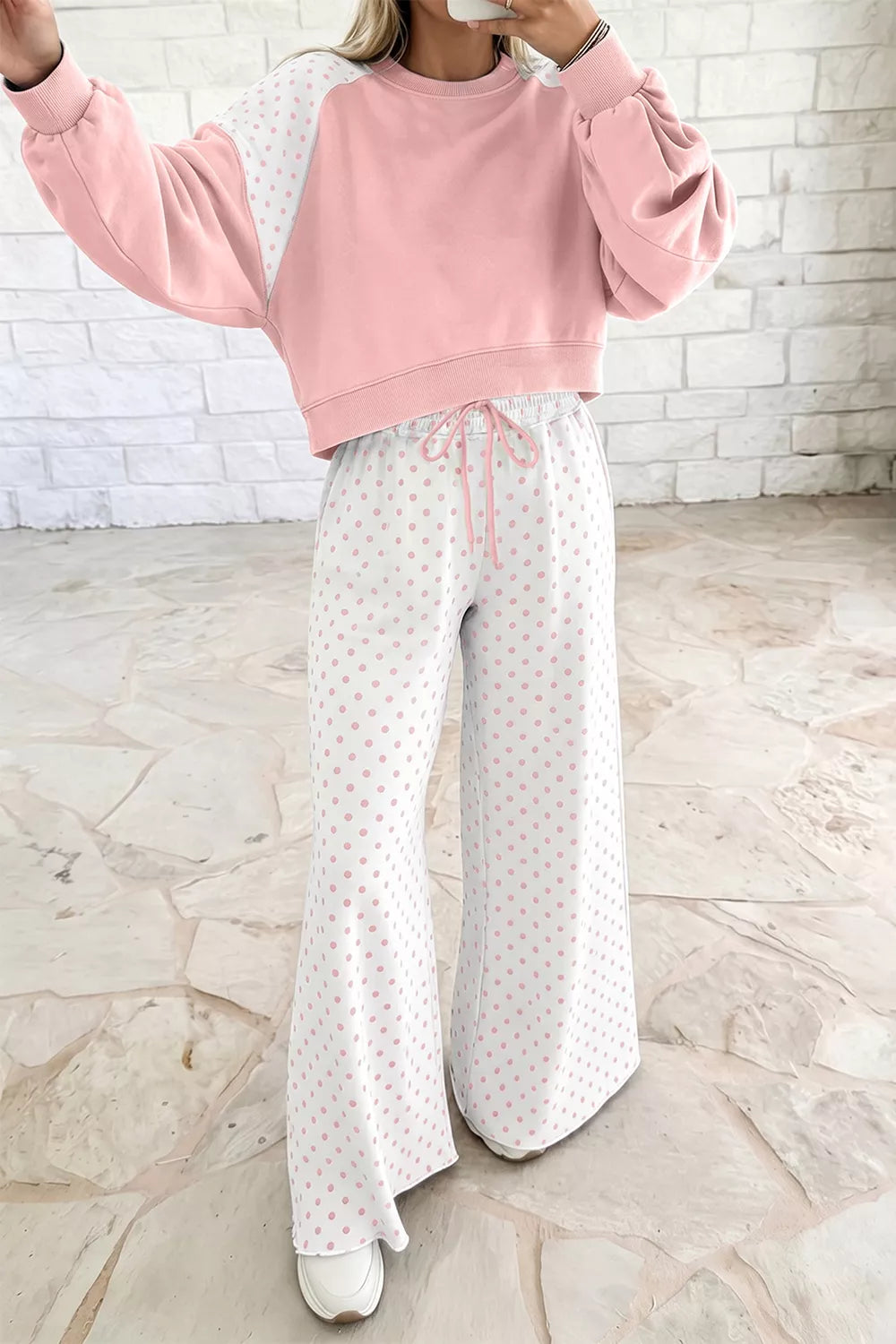 Women's Polka-Dot Cropped Sweatshirt & Wide-Leg Pants Set — alternate view 2