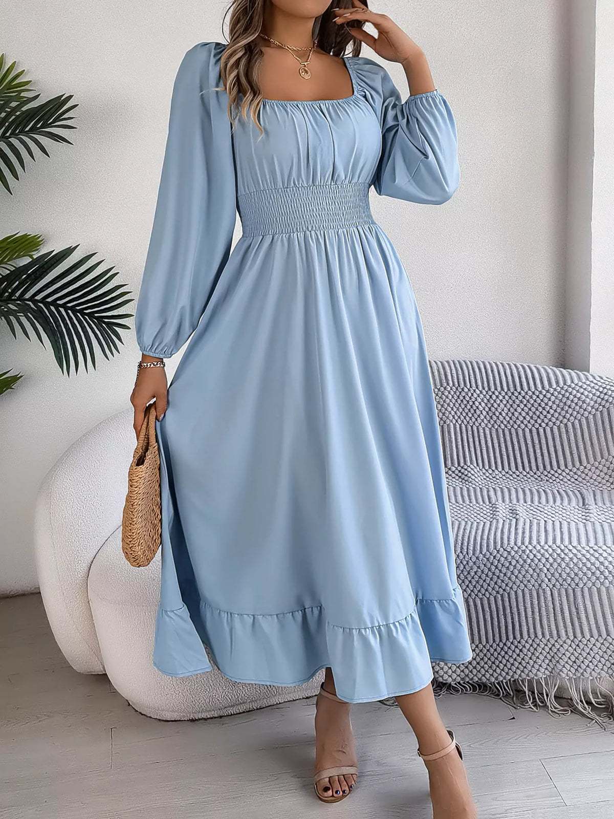 Light blue square neck smocked waist long sleeve midi dress