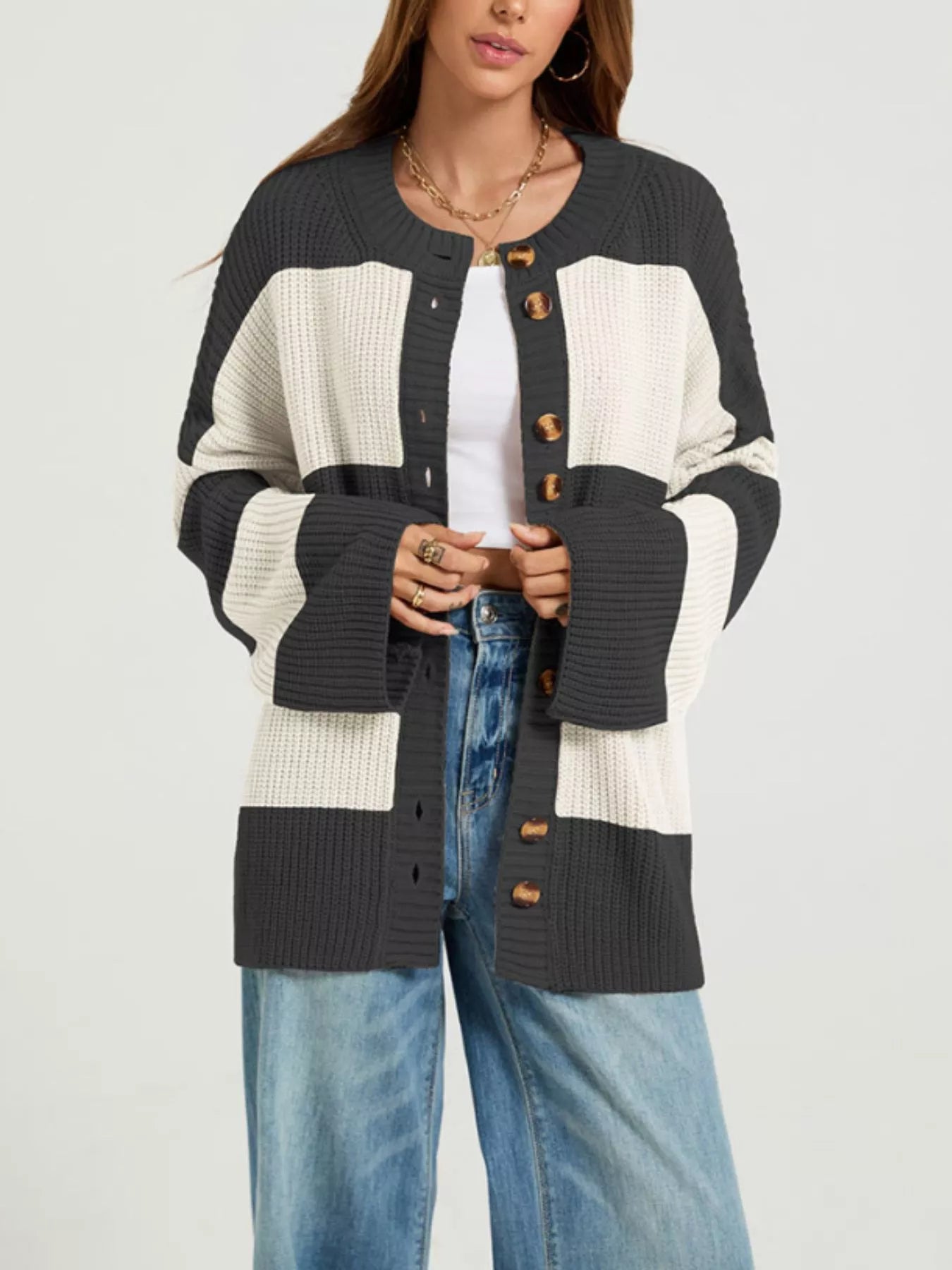 Trendsi Color Block Striped Button-Up Cardigan -